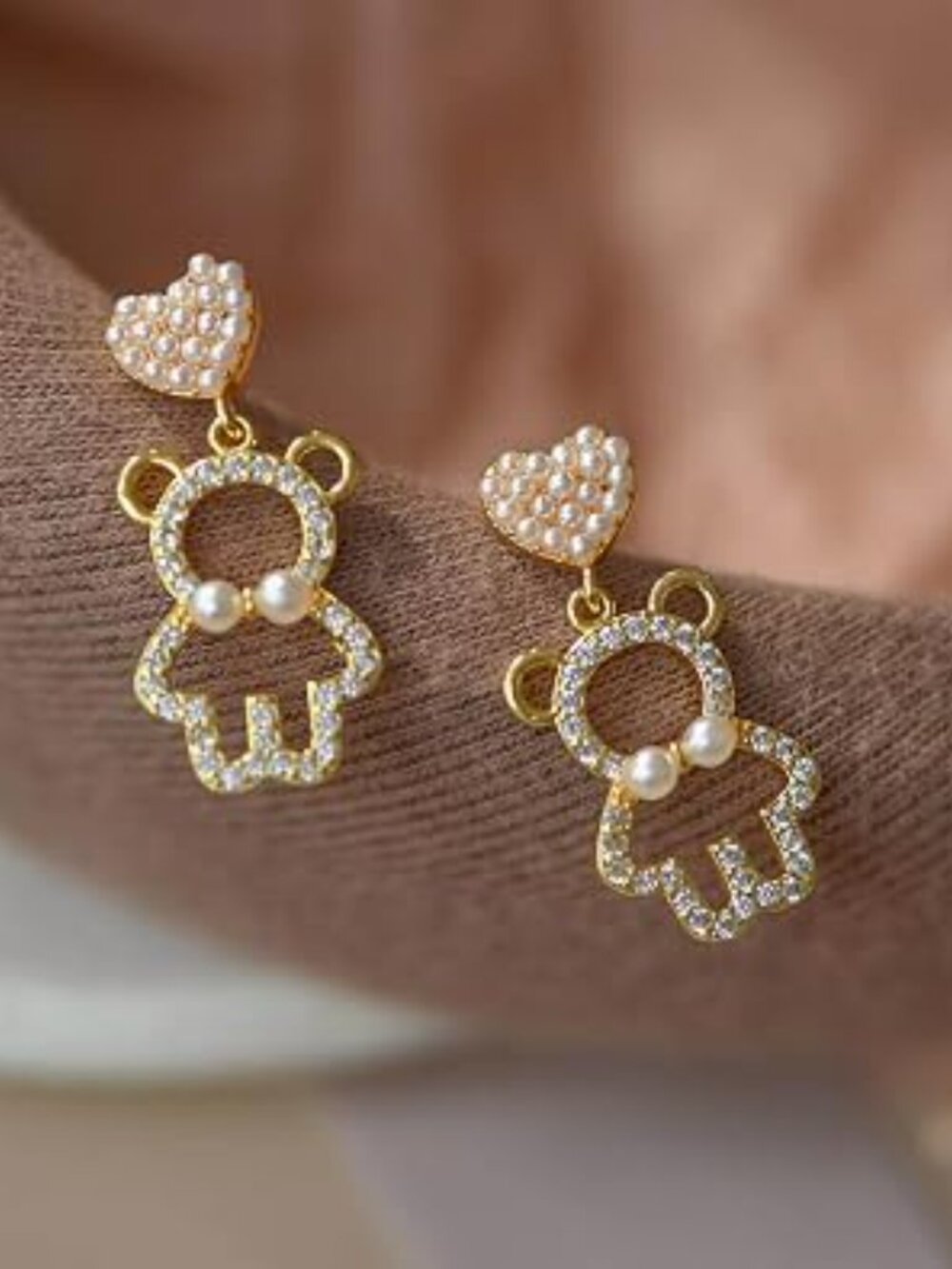 NEW Bear Earrings Pearl Rhinestone Dangle Earrings Imitation Pearl Cluster Heart